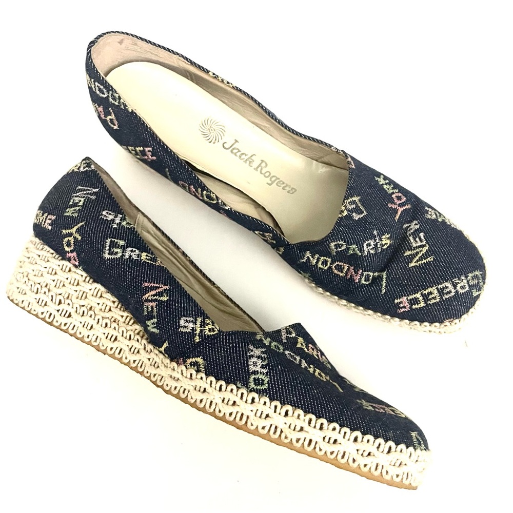 Vintage Jack Rodgers Travel Theme Denim Wedge Espadrilles Size 7.5